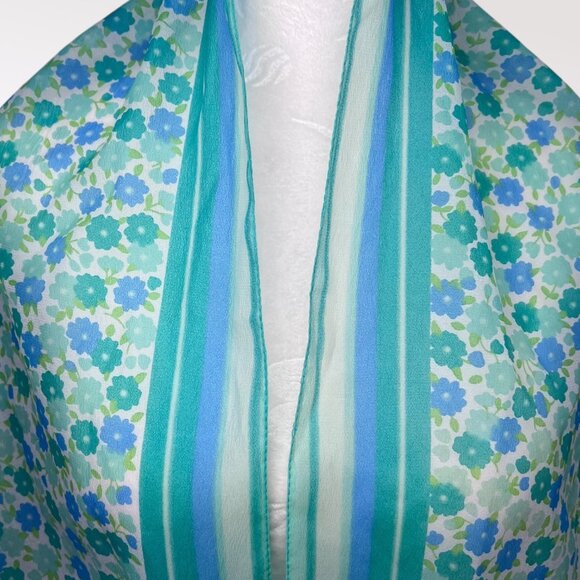 Vintage 60s Glentex Japan Sheer Nylon Floral Scarf Teal Aqua Blue Green Mod - Picture 2 of 10